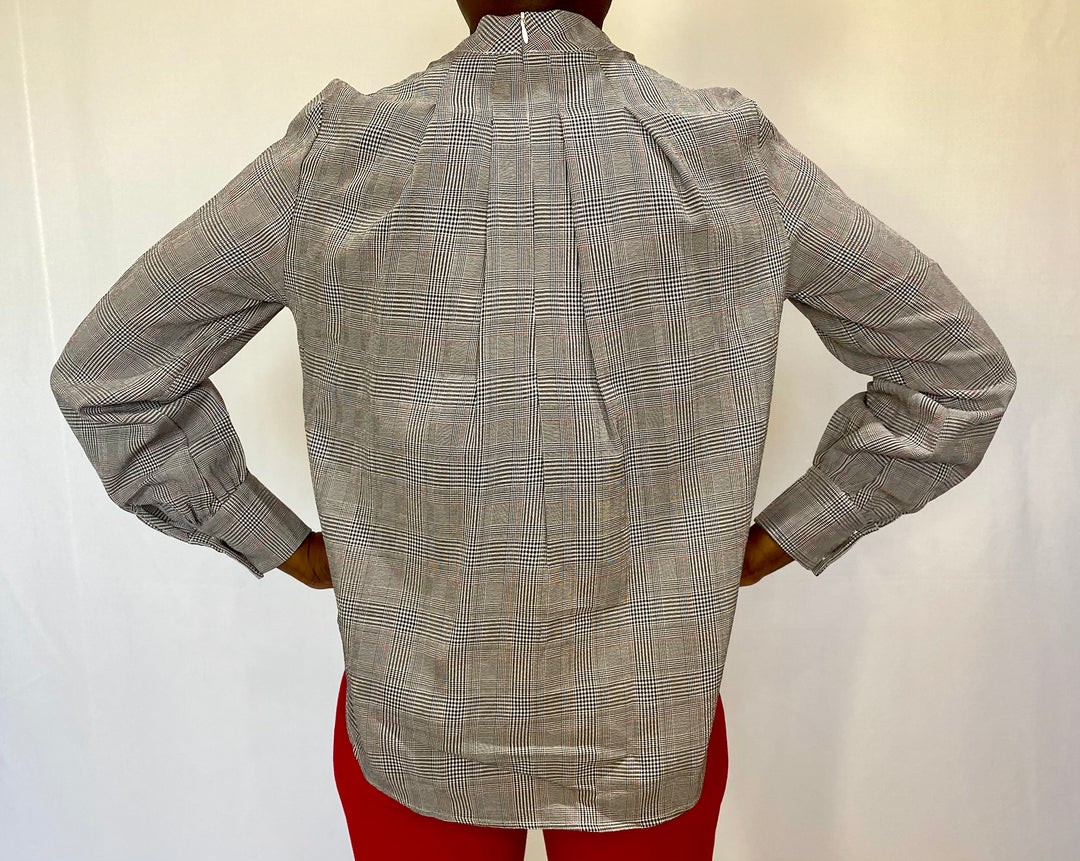 Plaid Pintuck Puff Sleeve Top