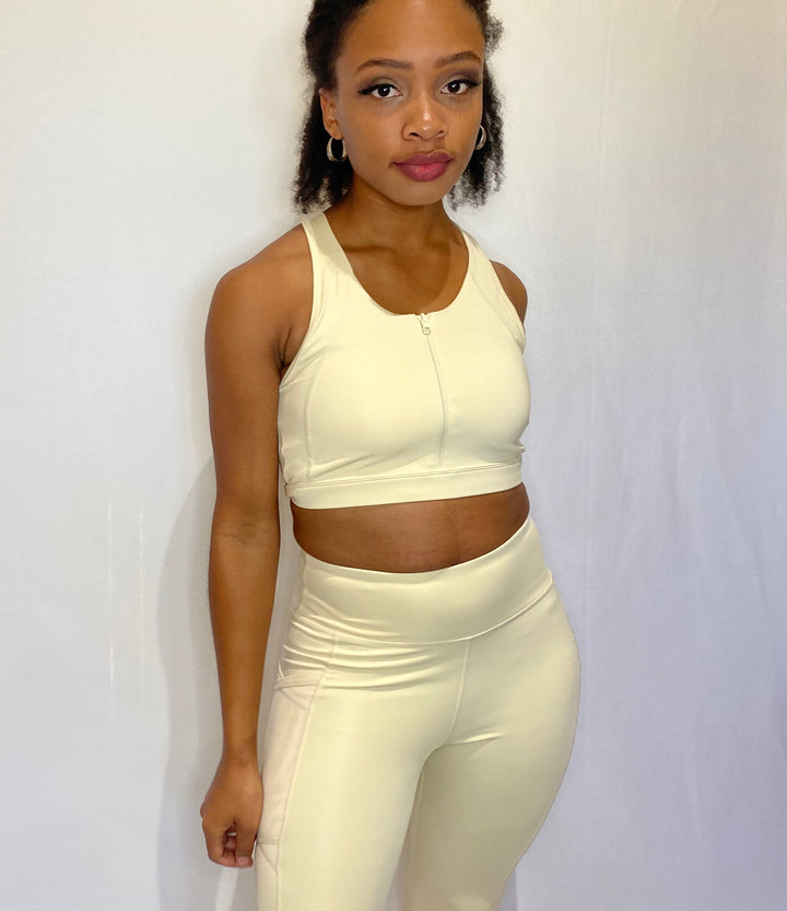 Cream Zip-Up Sports Bra