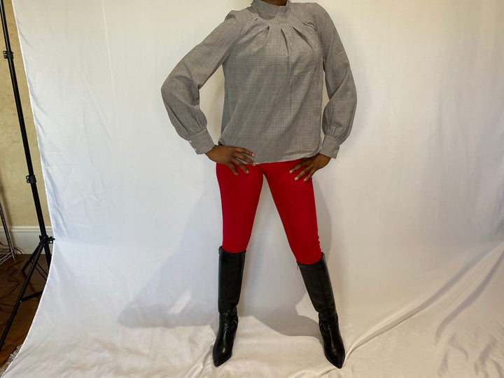 Plaid Pintuck Puff Sleeve Top