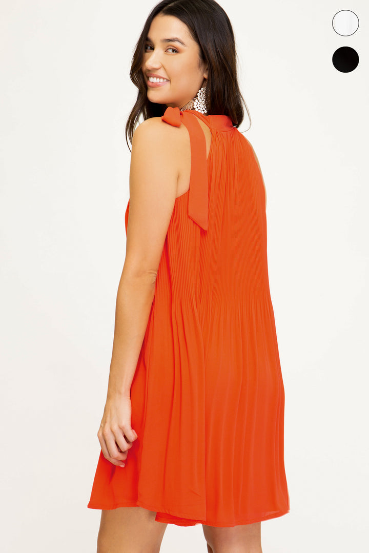 Pleated Woven Halter Neck Dress With Neck Tie