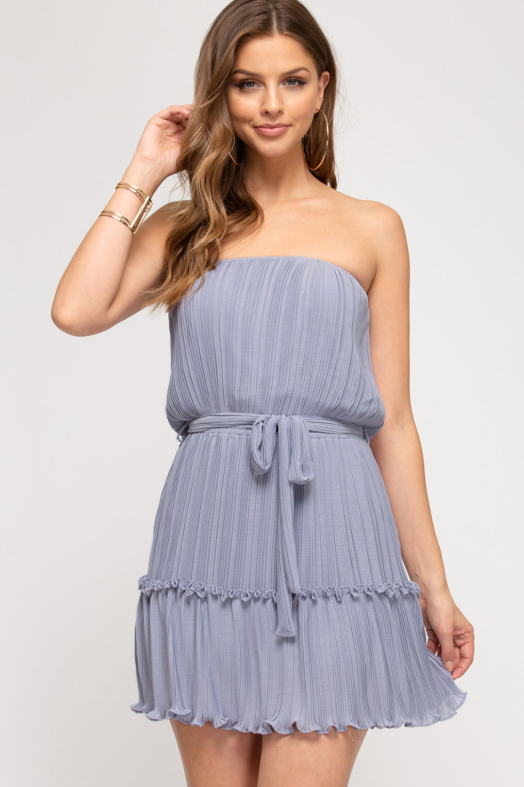 Pleated Woven Strapless Dress With Waist Sash