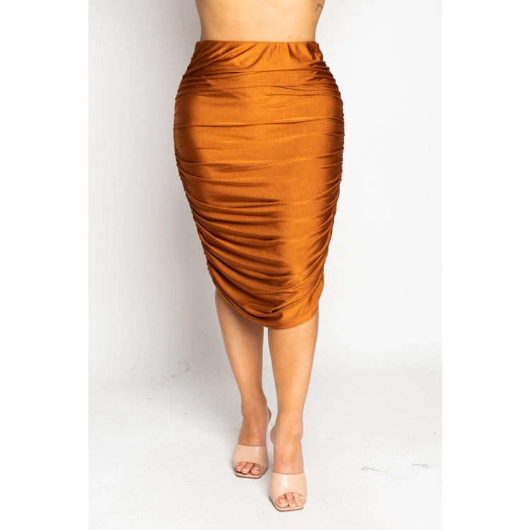 Camel Satin Ruched Skirt