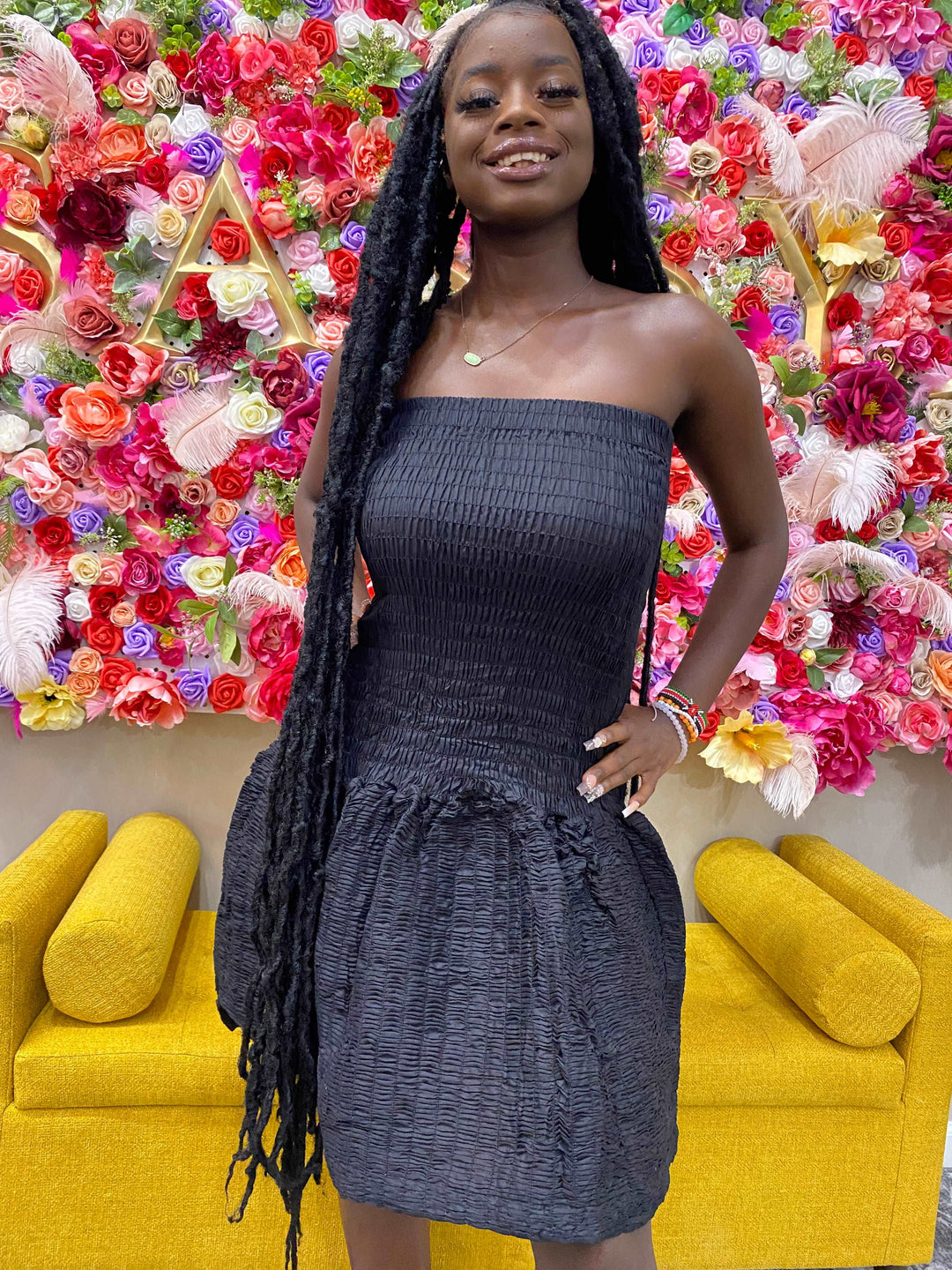 Black Sleeveless Smocked Dress