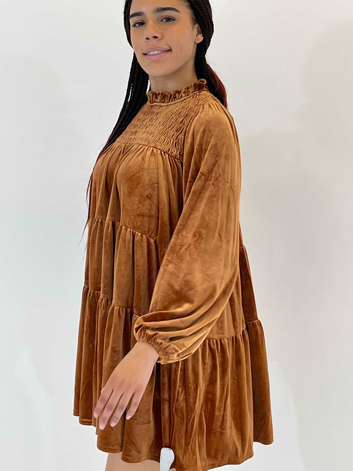 Camel Velvet Tiered Dress