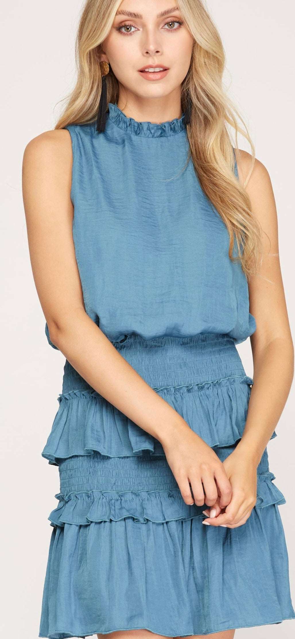 Blue Sleeveless Smocked Dress