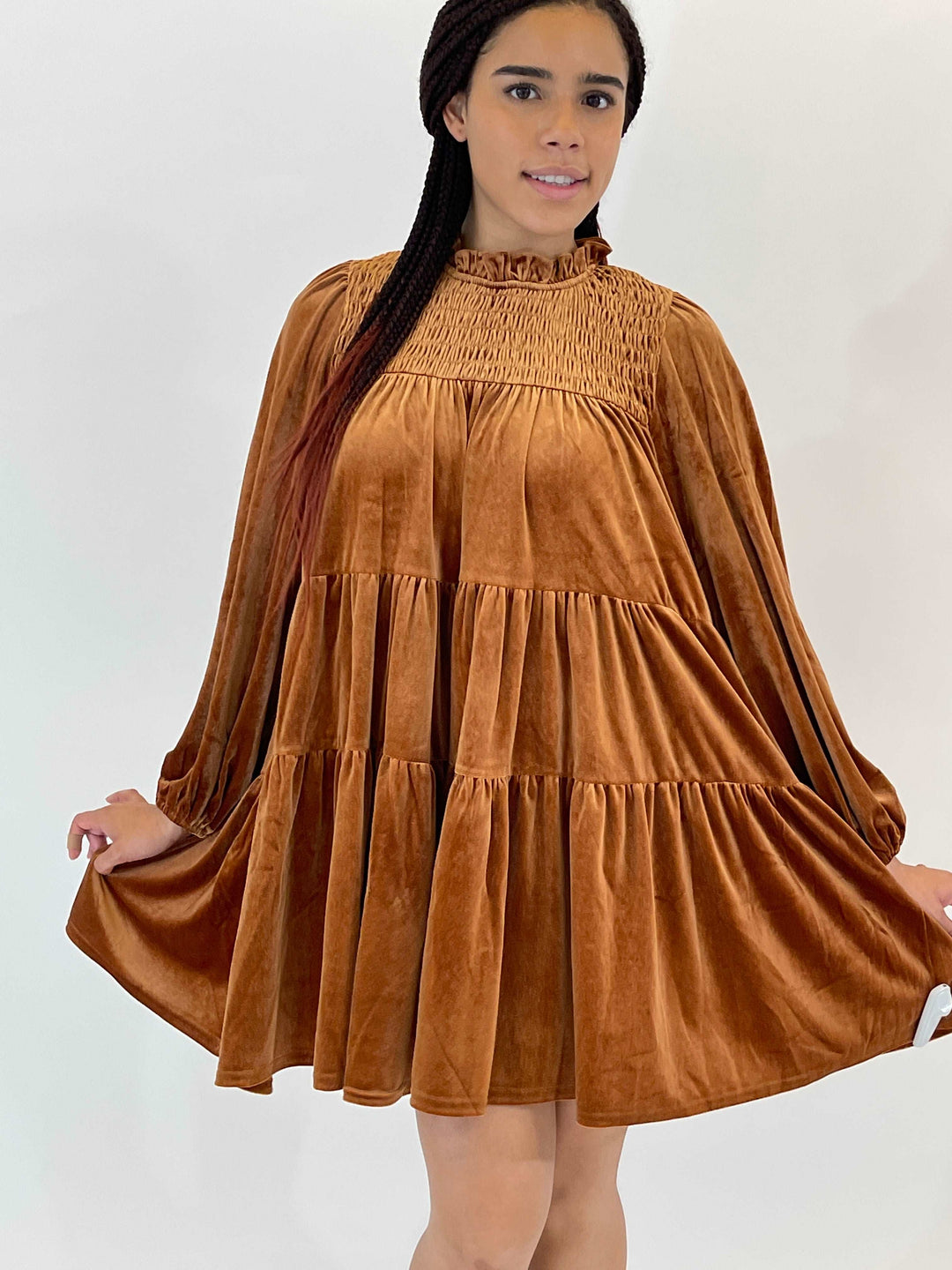 Camel Velvet Tiered Dress