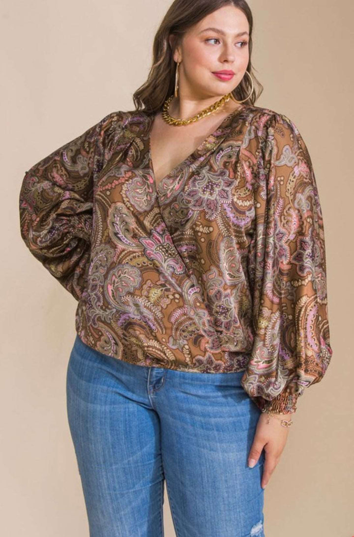 Brown Satin Print Top