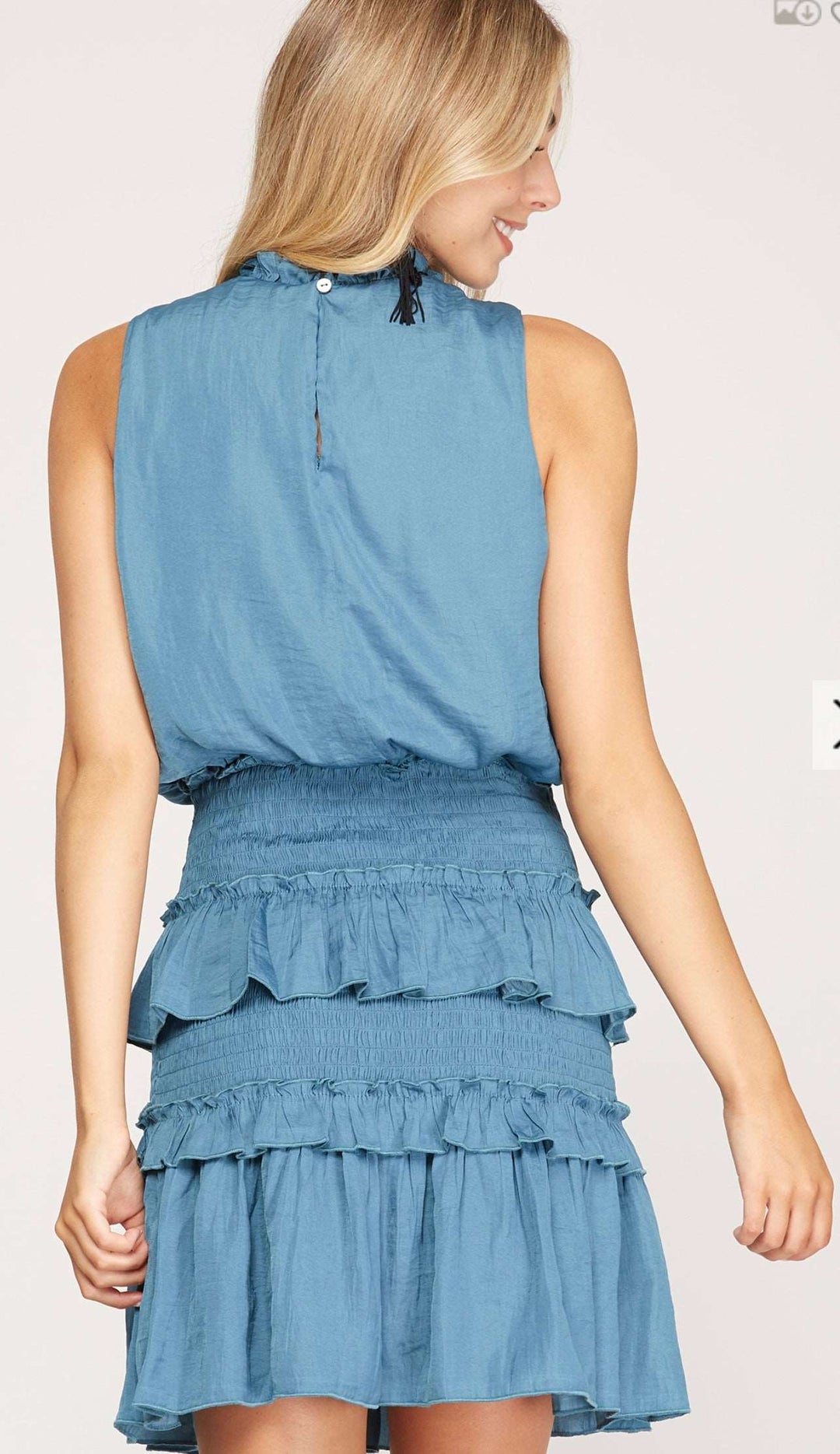 Blue Sleeveless Smocked Dress