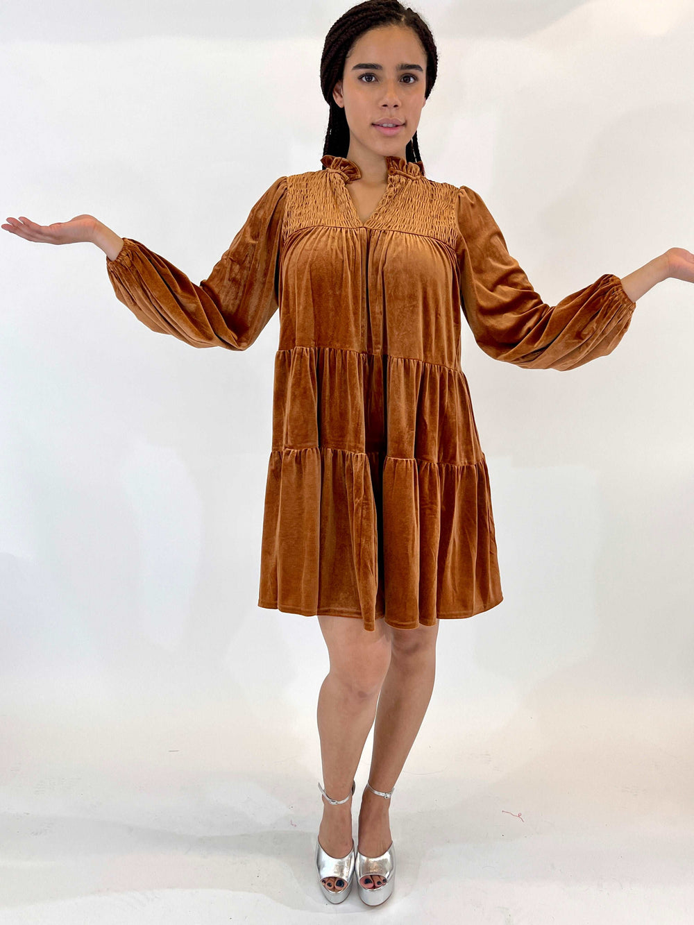 Camel Velvet Tiered Dress