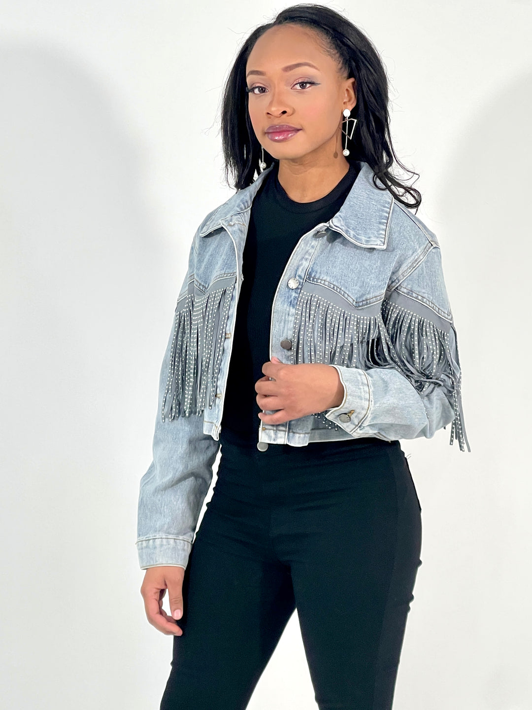 Denim Fringed Cropped Jacket