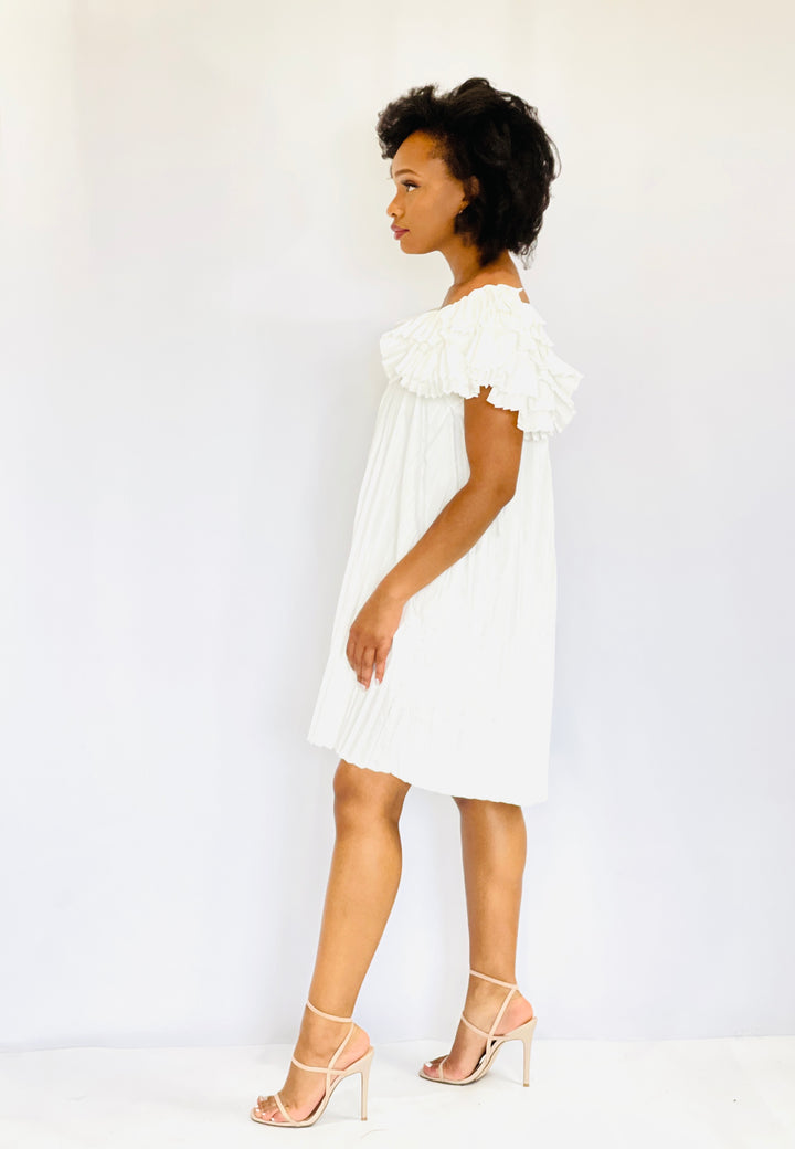 White Pleated Dress with Ruffle Details
