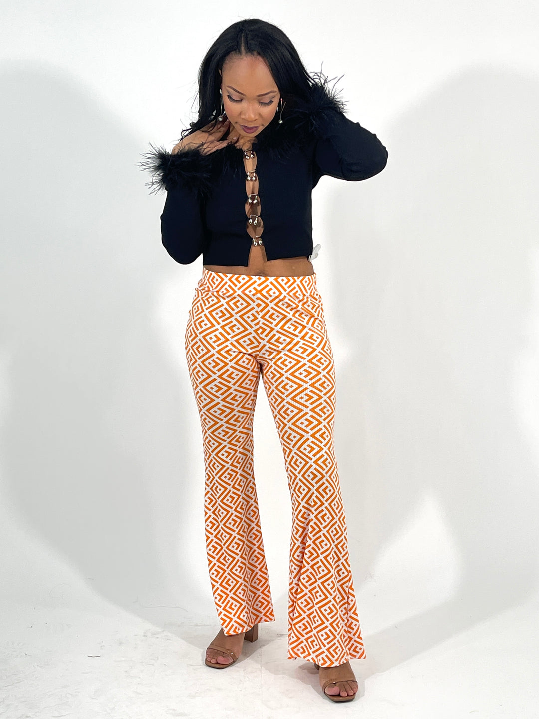 Orange And White Flared-Bottom Leggings