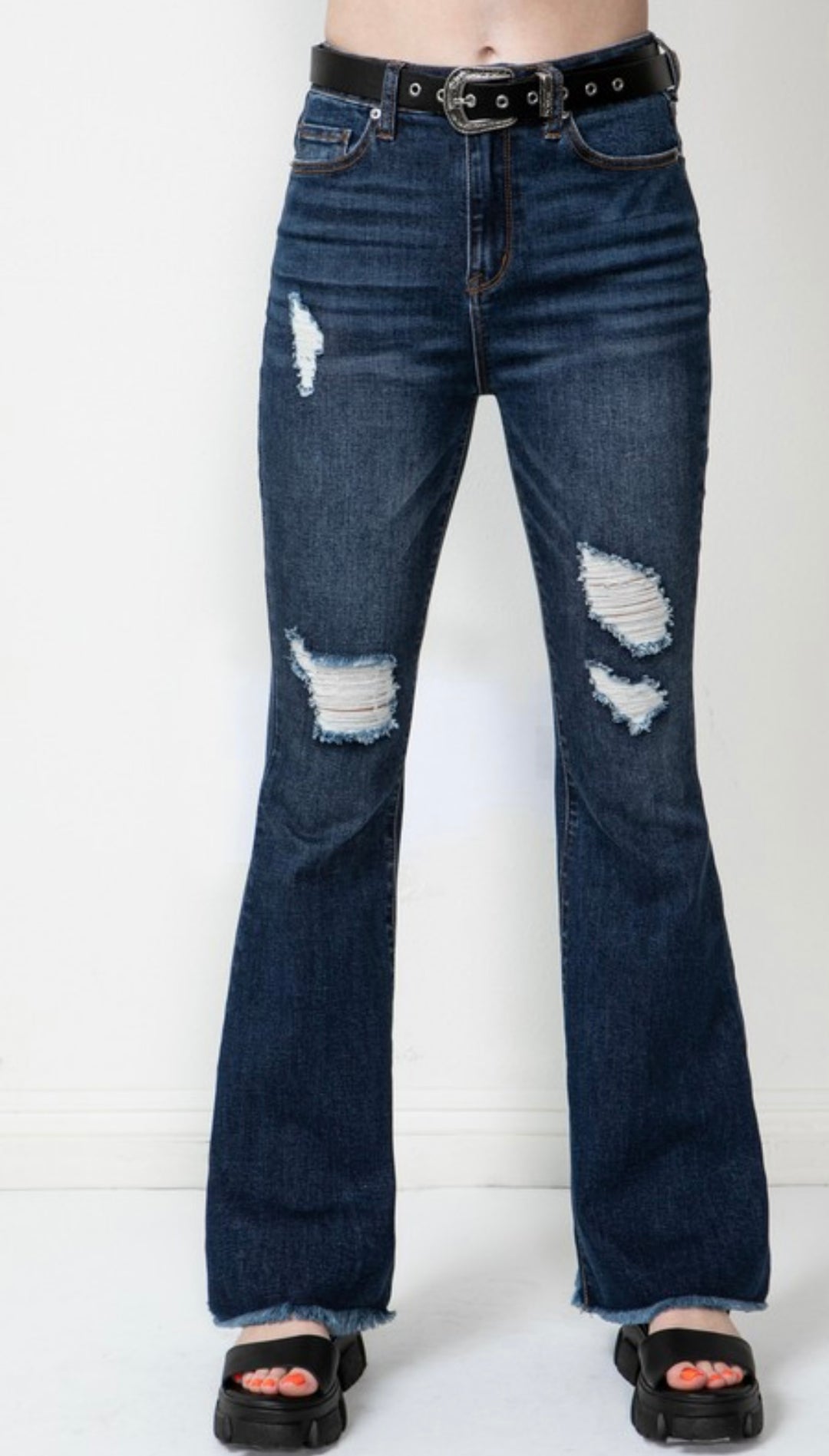 Ripped Dark Blue-Hi Rise Jeans With Belt
