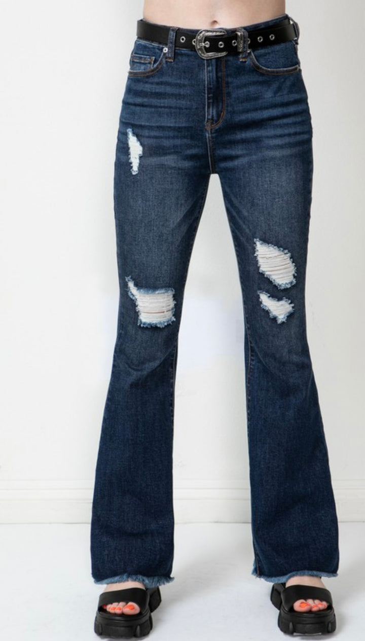 Ripped Dark Blue-Hi Rise Jeans With Belt