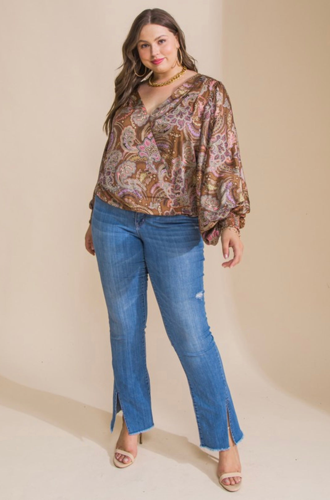 Brown Satin Print Top