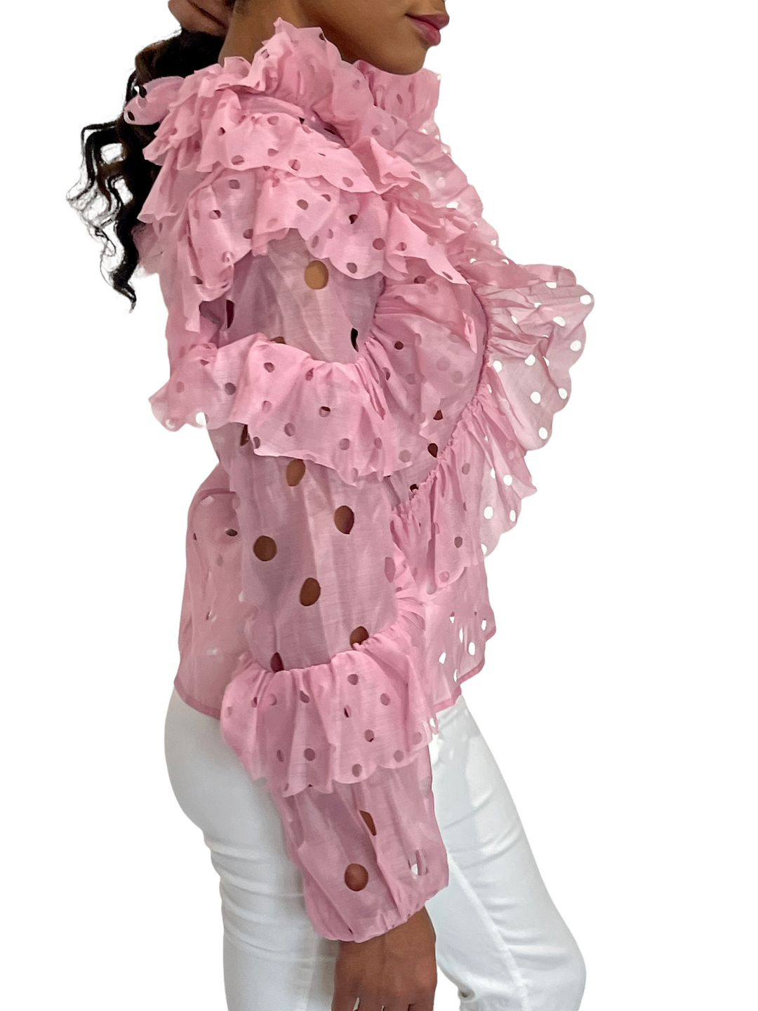 Sassyn Pink Long Sleeve Ruffle Blouse