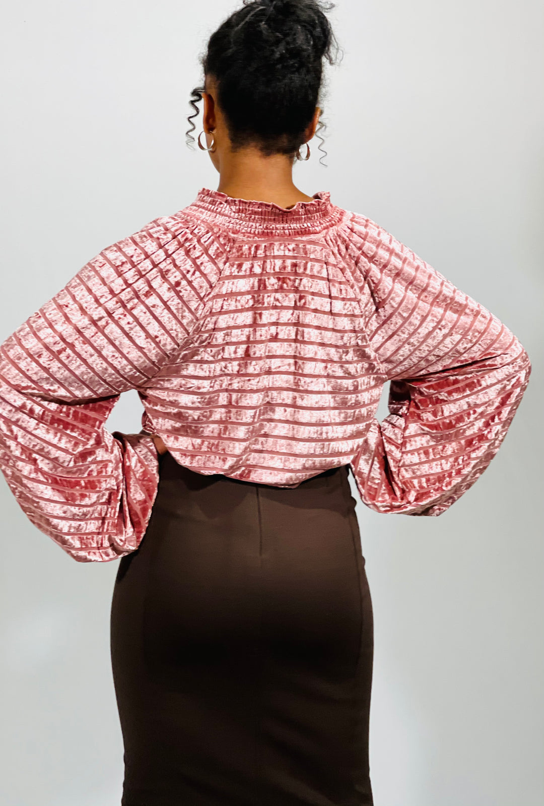 Stripe Velvet V-Neck Long Puff Sleeve Top