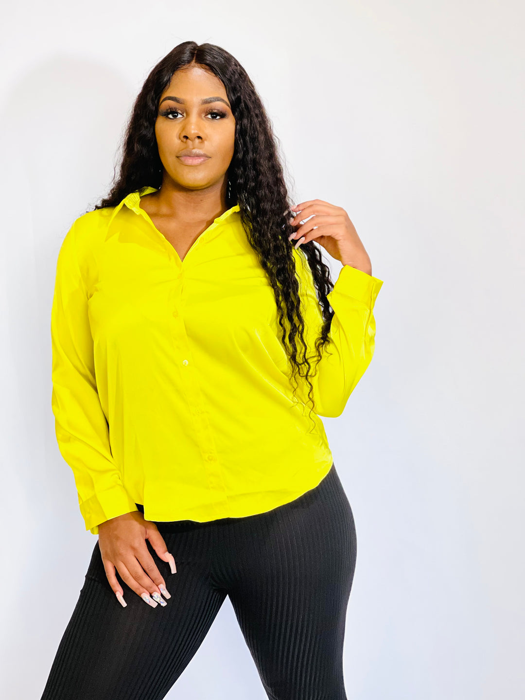Lime Button Down Satin Blouse