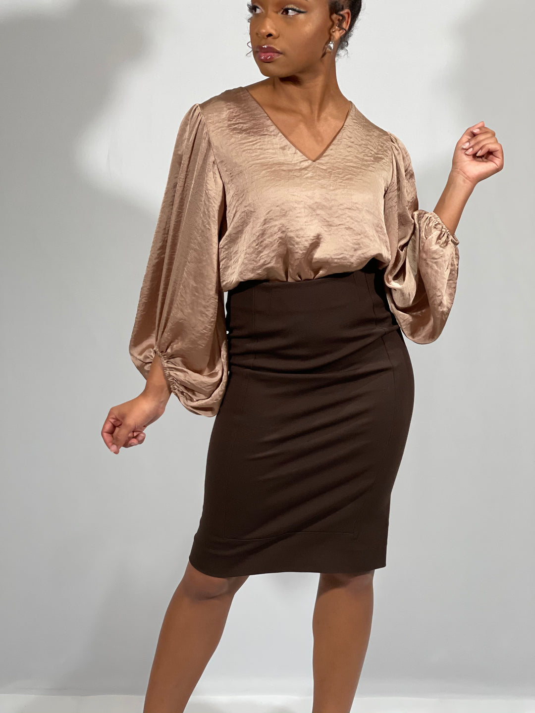 Satin V-Neck Bubble Sleeve Top