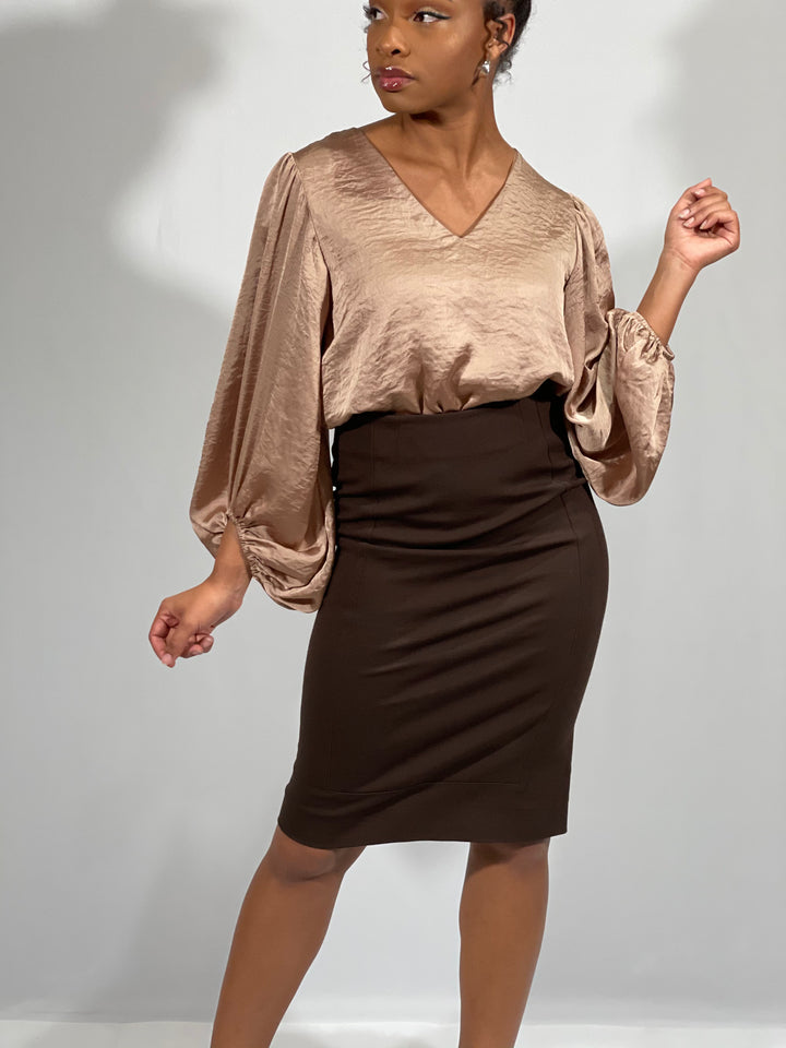 Satin V-Neck Bubble Sleeve Top