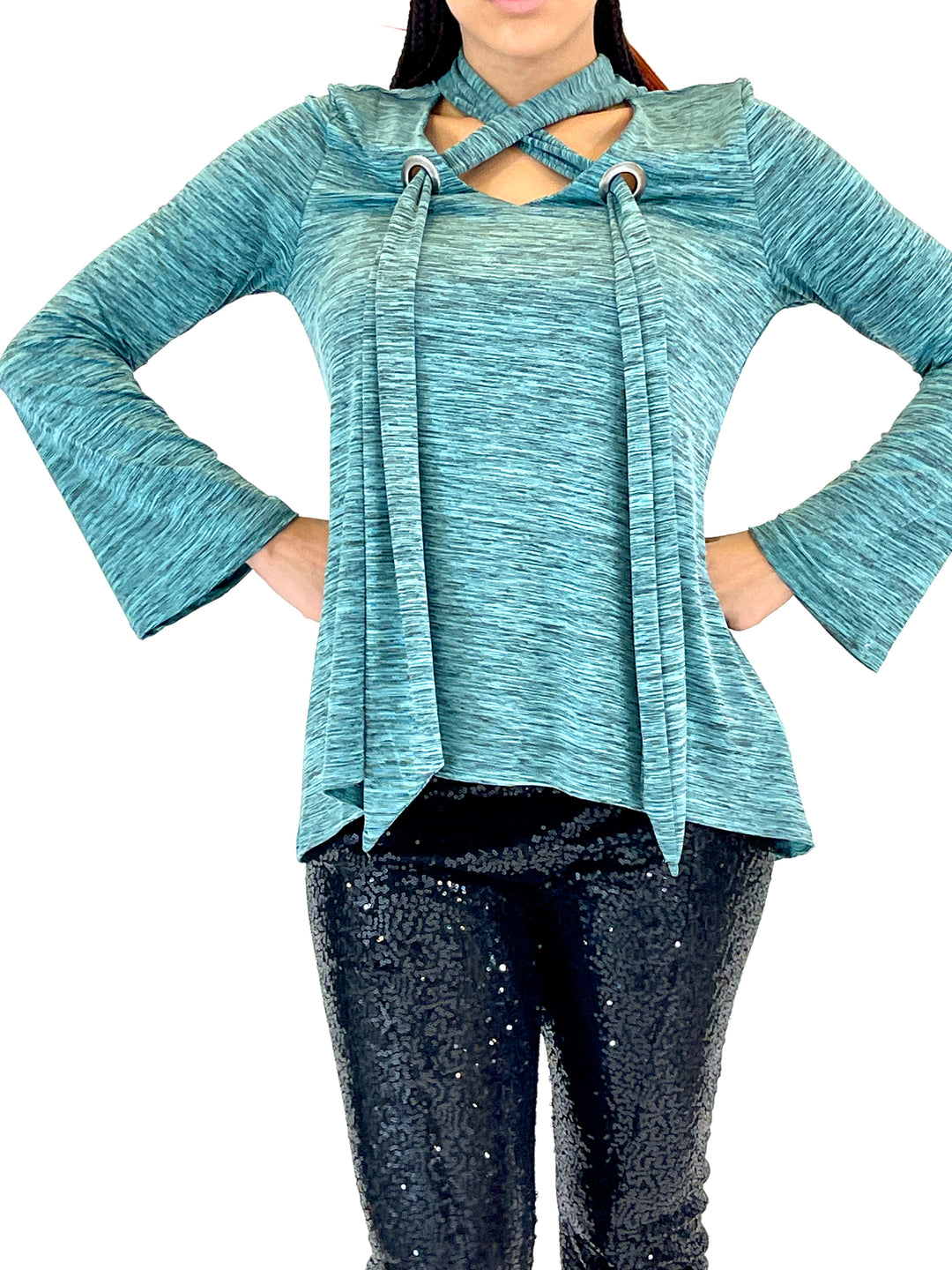 Green Blue Long Sleeve Top With Tie Details