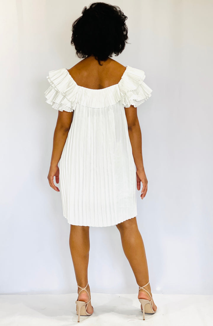White Pleated Dress with Ruffle Details