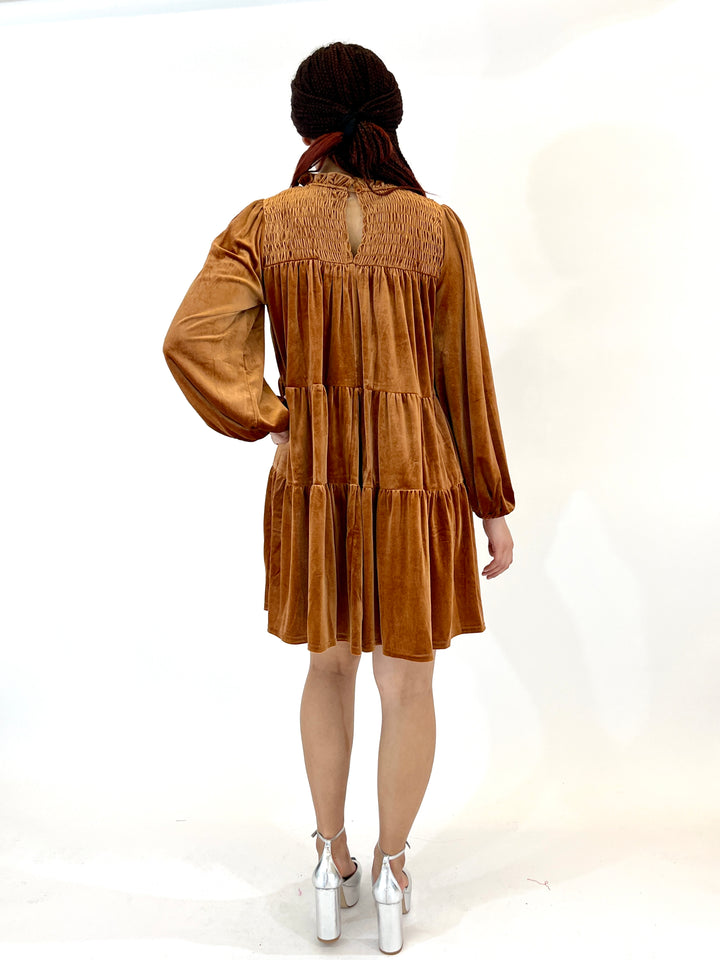 Camel Velvet Tiered Dress