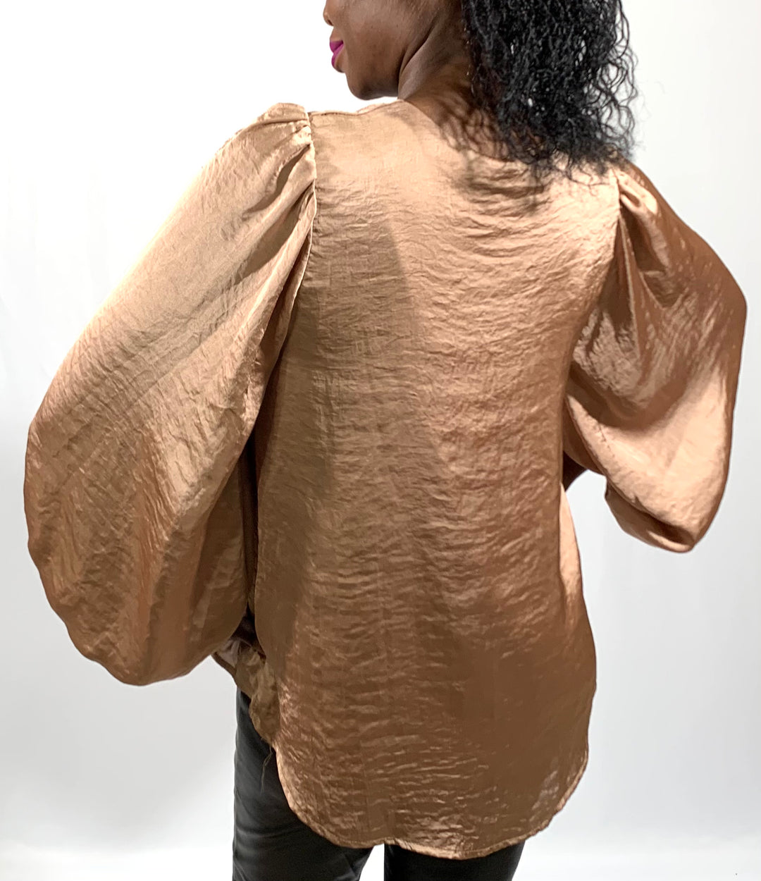 Satin V-Neck Bubble Sleeve Top