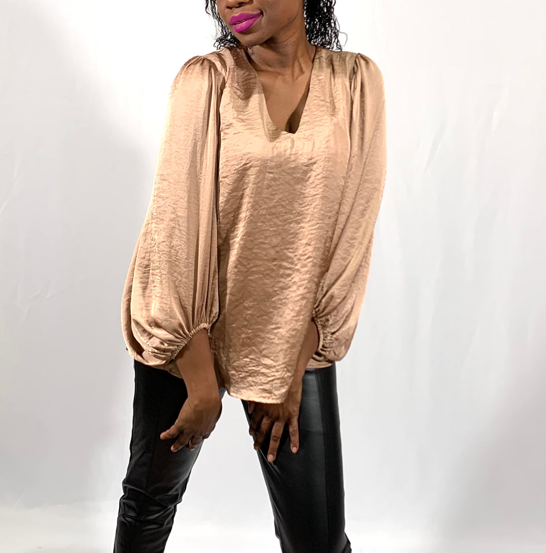 Satin V-Neck Bubble Sleeve Top