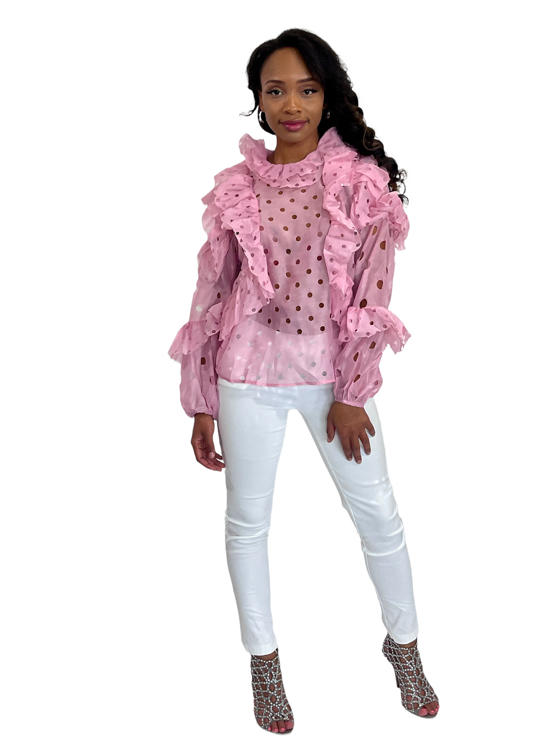 Sassyn Pink Long Sleeve Ruffle Blouse