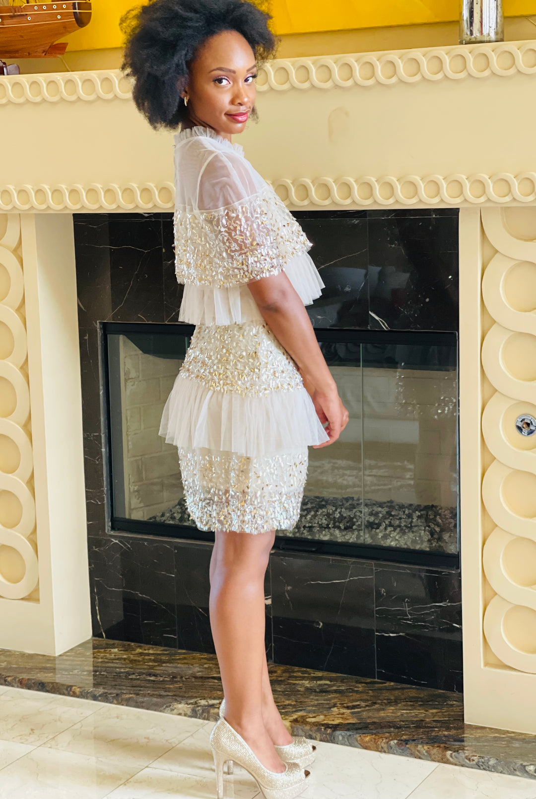 Off White Sequin Embroidered Dress