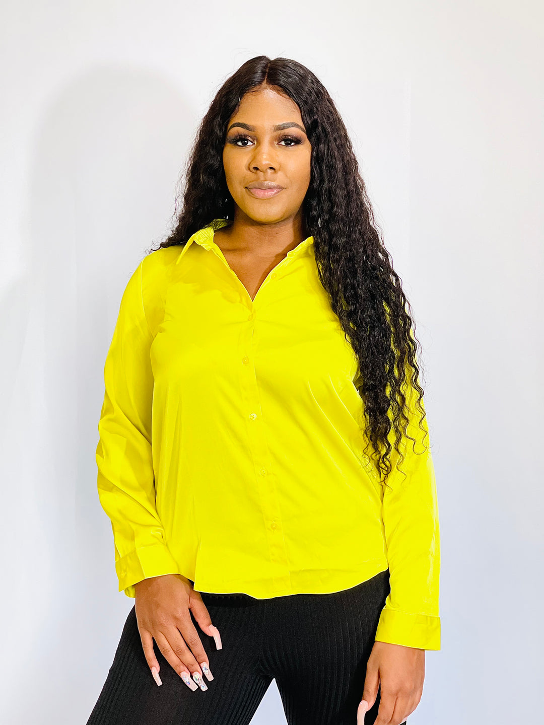 Lime Button Down Satin Blouse