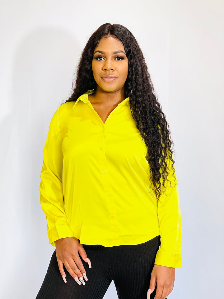 Lime Button Down Satin Blouse