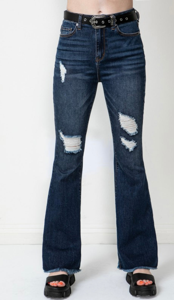 Ripped Dark Blue-Hi Rise Jeans With Belt