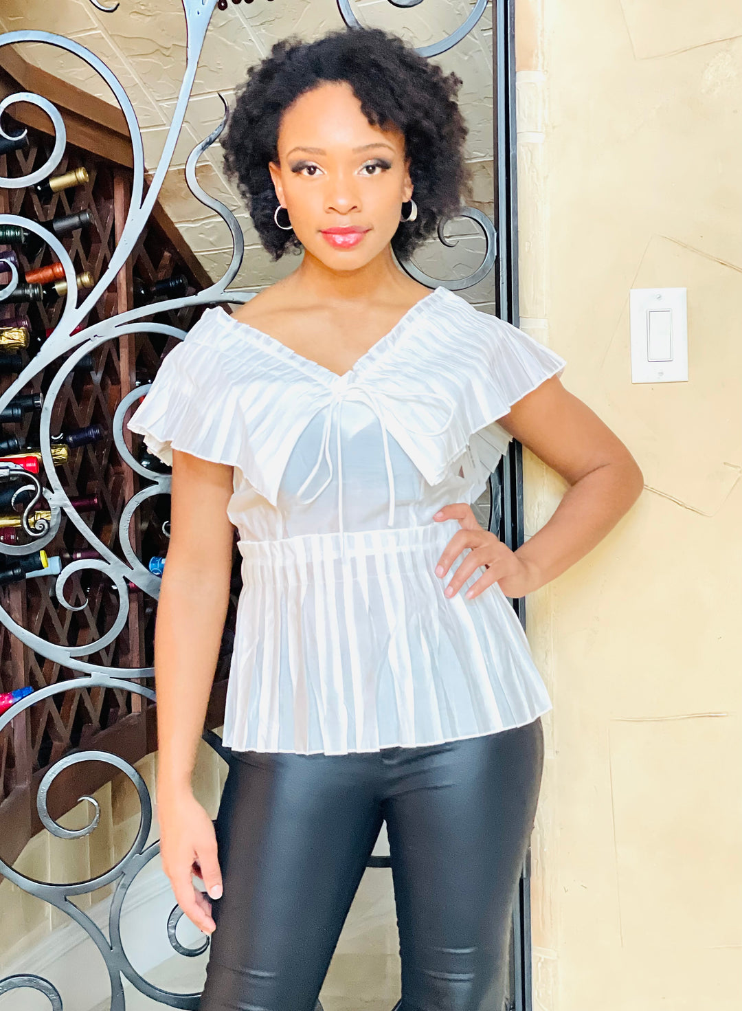 Sassyn Pleated V-Neck Lace Up Blouse
