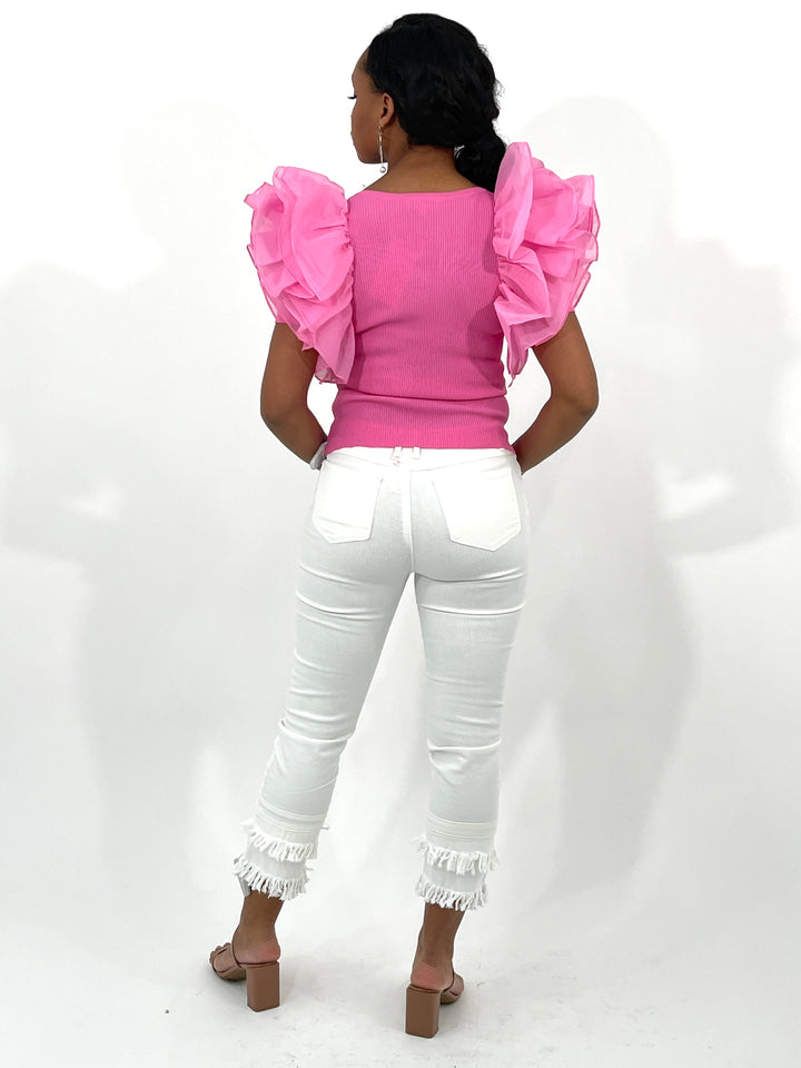 Pink Ruffle Mid Sleeve Top