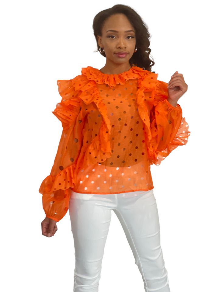 Sassyn Orange Long Sleeve Ruffle Blouse