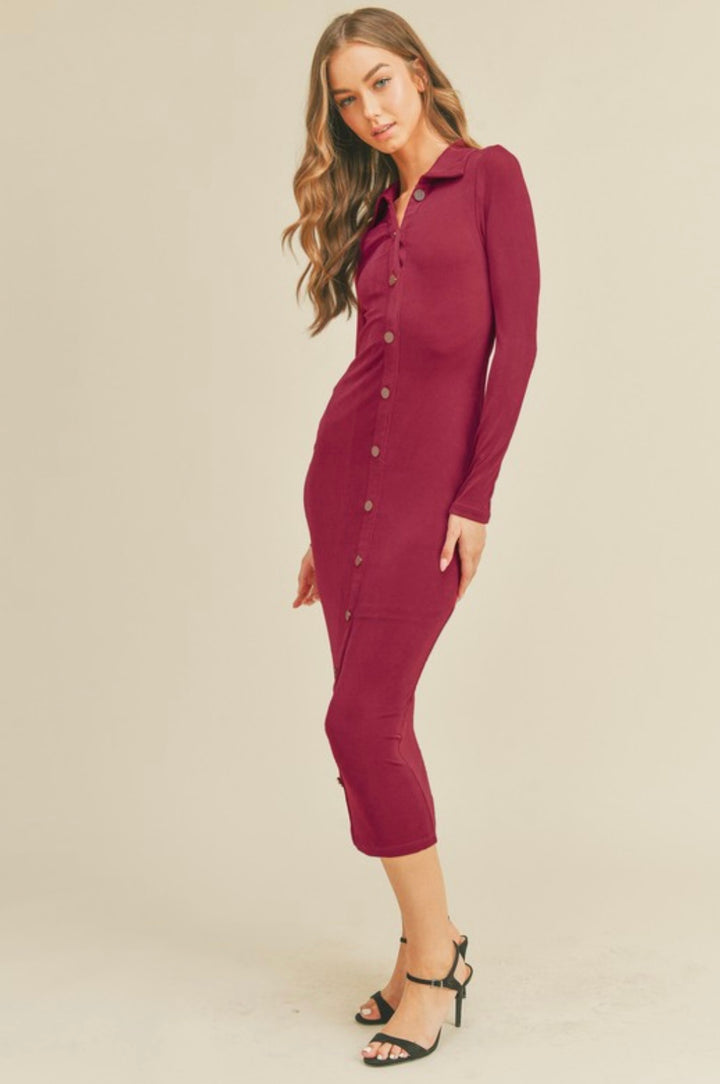 Magenta Long Sleeve Midi Dress