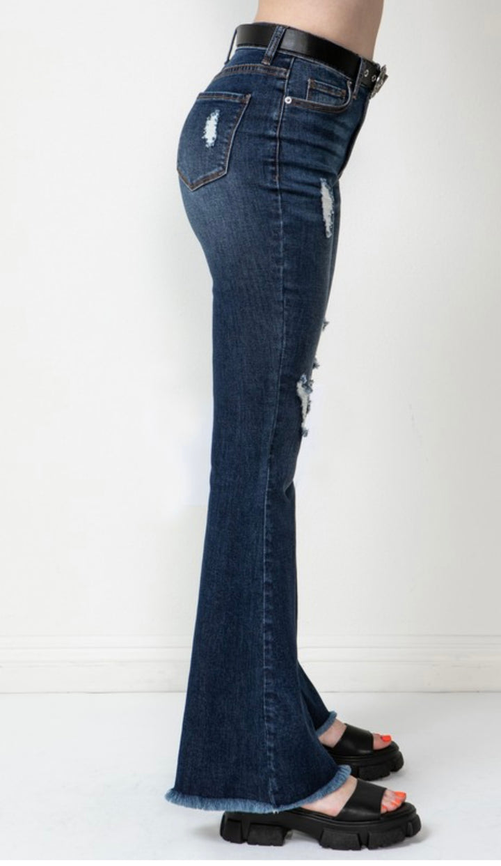 Ripped Dark Blue-Hi Rise Jeans With Belt