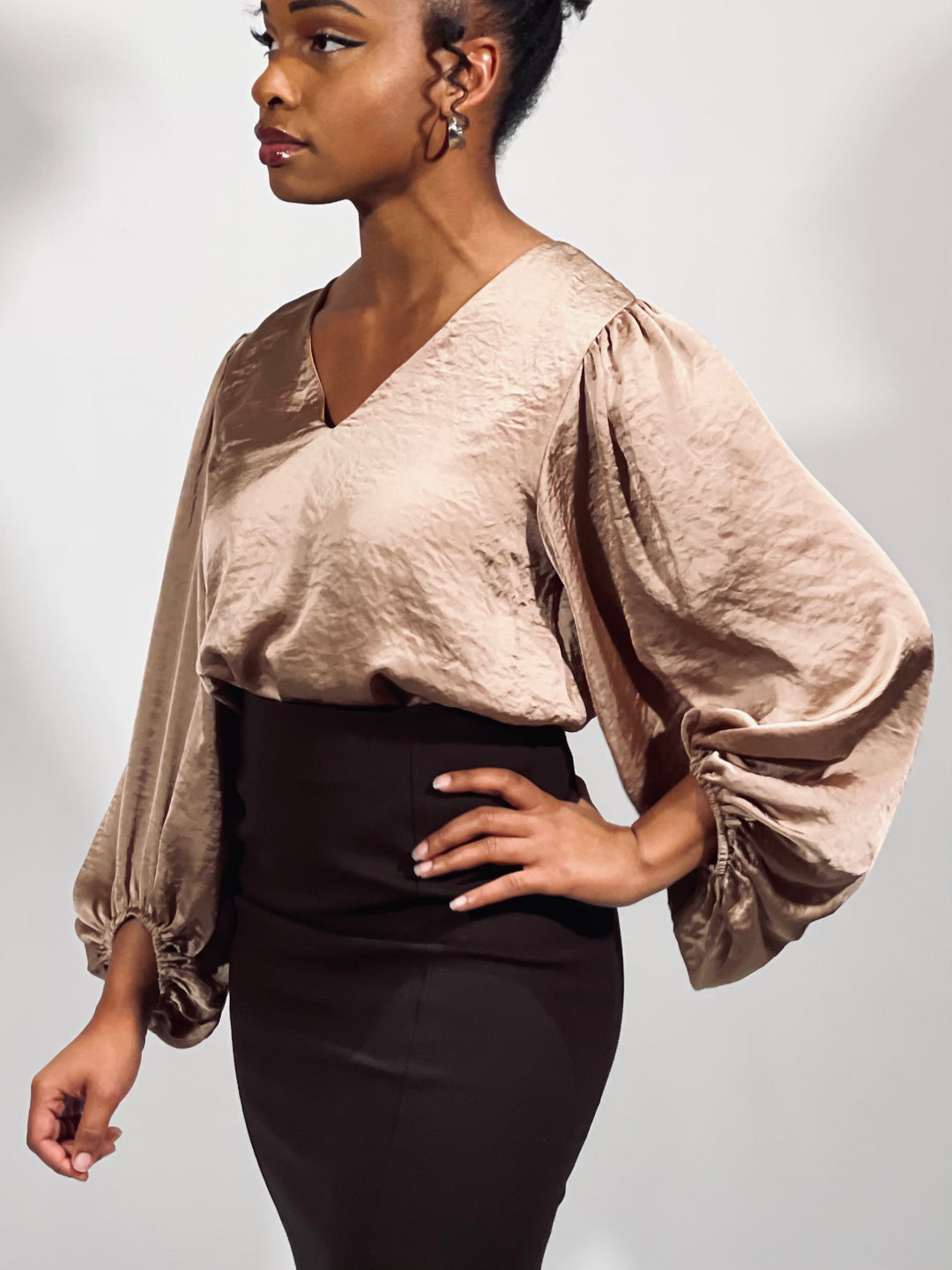 Satin V-Neck Bubble Sleeve Top