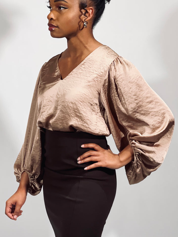 Satin V-Neck Bubble Sleeve Top