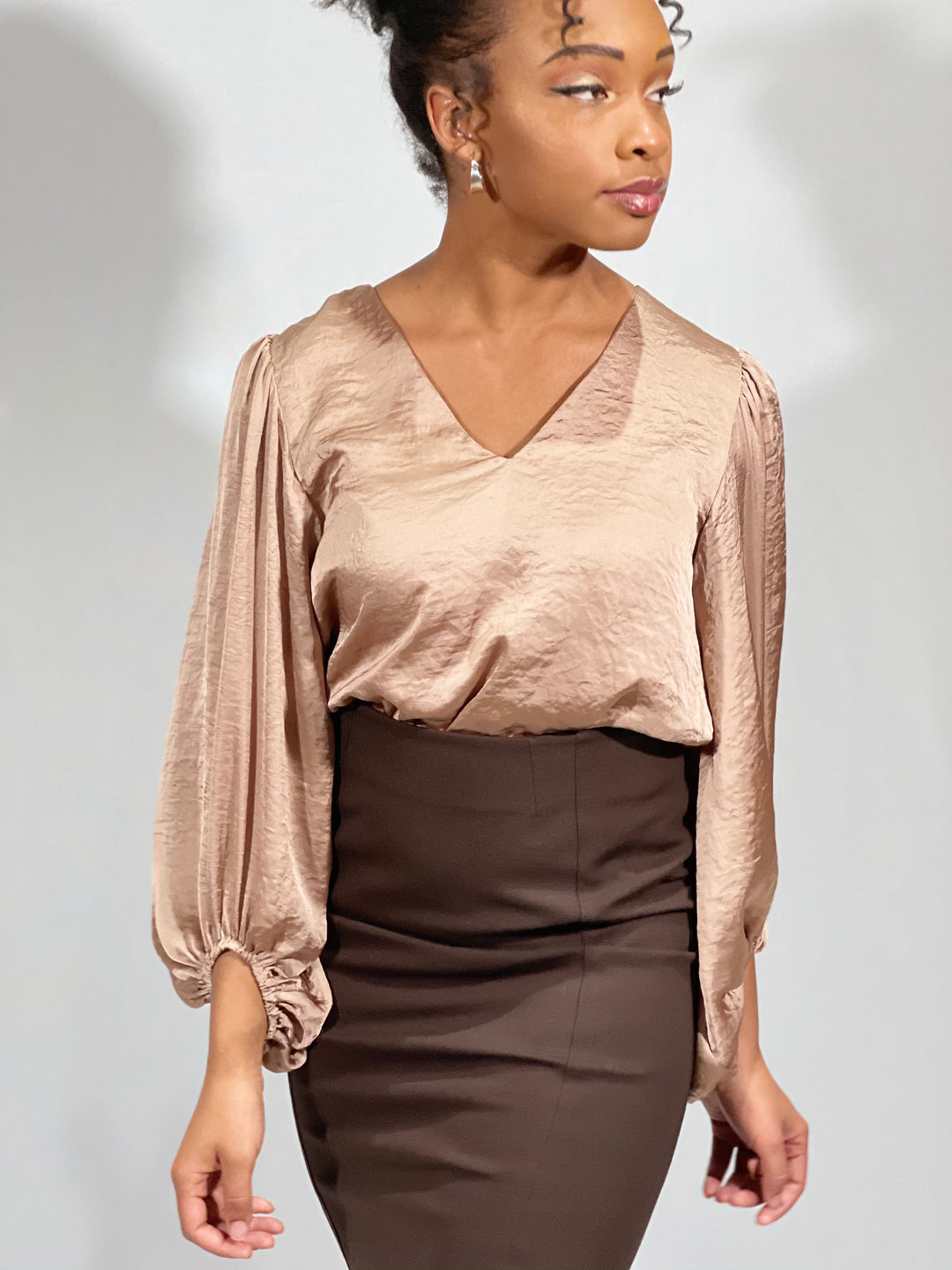 Satin V-Neck Bubble Sleeve Top