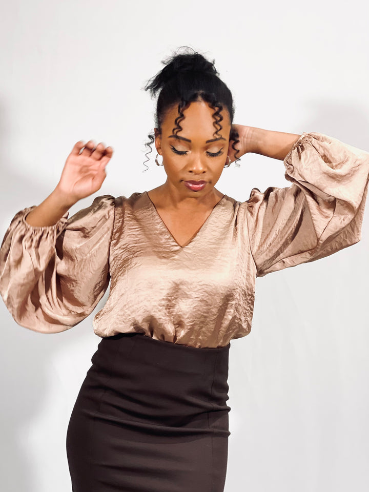 Satin V-Neck Bubble Sleeve Top