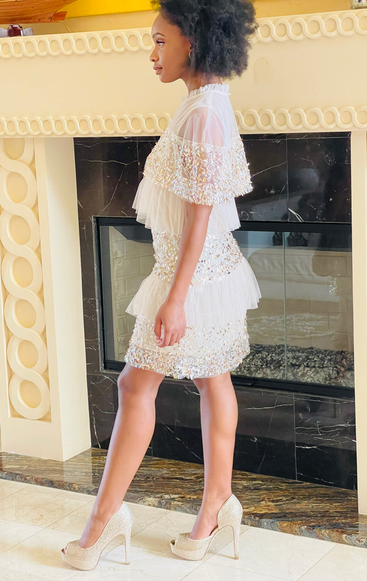 Off White Sequin Embroidered Dress