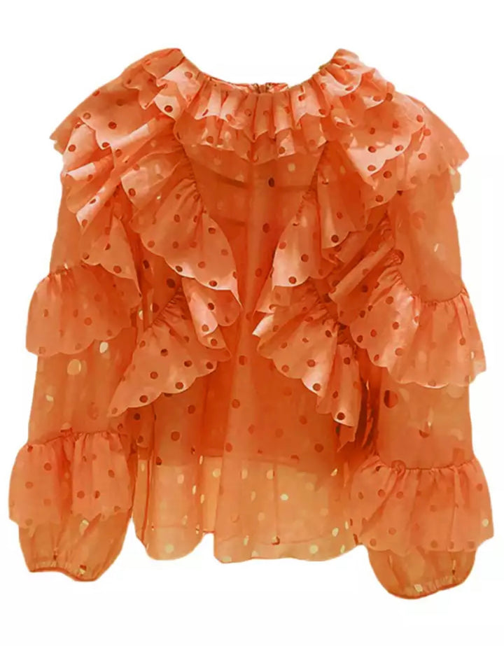 Sassyn Orange Long Sleeve Ruffle Blouse