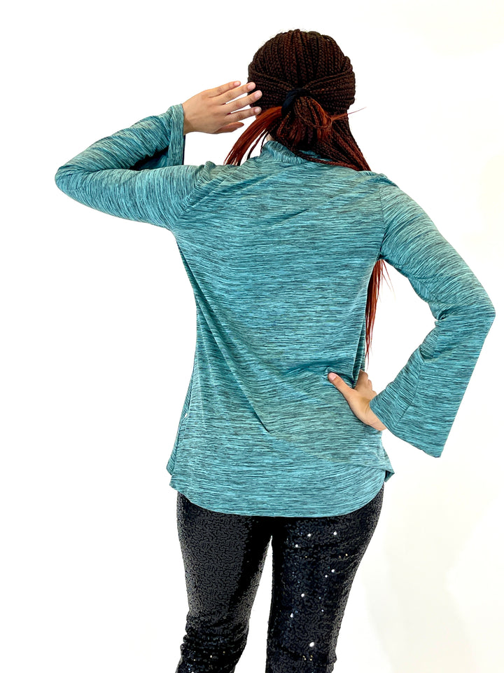 Green Blue Long Sleeve Top With Tie Details