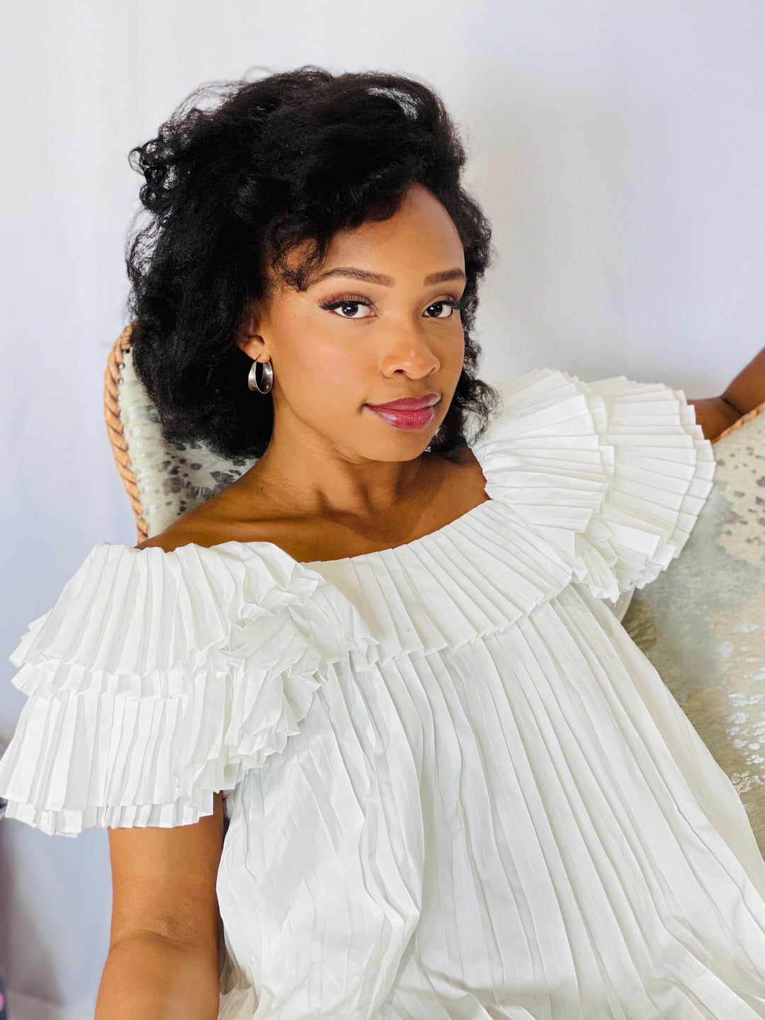 White Pleated Dress with Ruffle Details