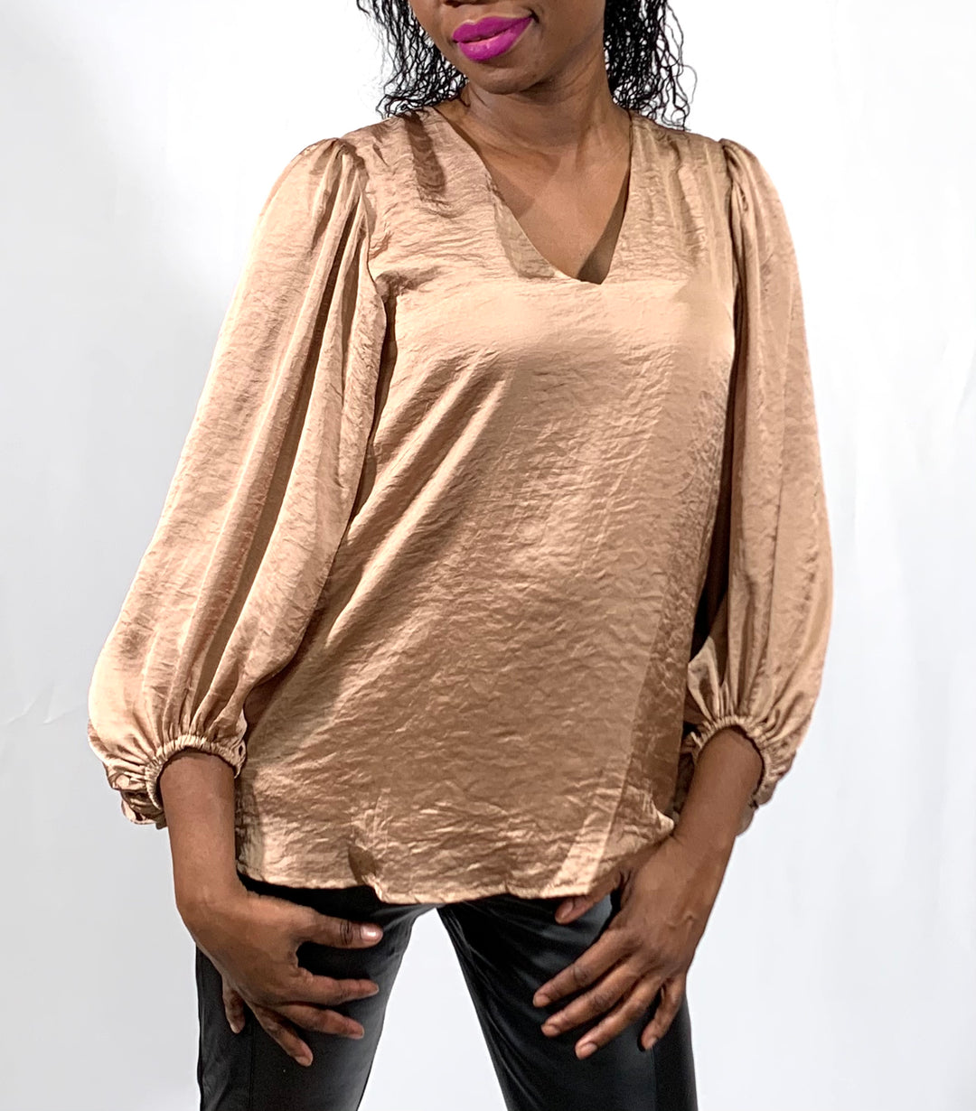 Satin V-Neck Bubble Sleeve Top