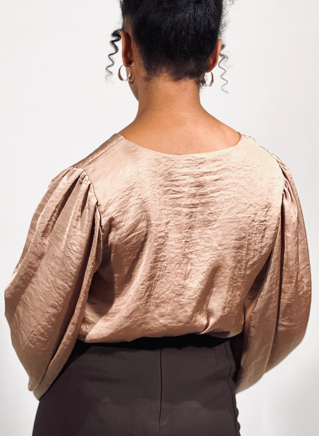 Satin V-Neck Bubble Sleeve Top