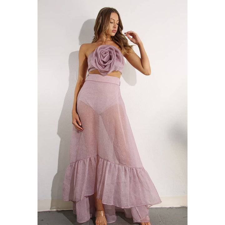 FLOWER TOP AND MICRO PANTED SKIRT SET: PINK MAUVE / S